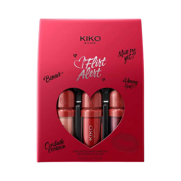 KIKO Flirt Alert Mini Kisses Maxi Shine Kit 3D Hydra Lip Gloss - 3 × 3.5ml |كيت كيكو ميني غلوس للشفاه  – 3 × 3.5 مل