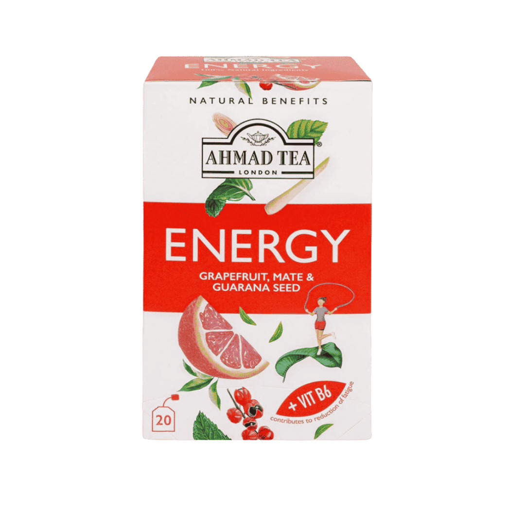 Ahmad Tea Energy Grapefruit Mate & Guarana Seed +Vita B6 20 Pcs - 30g | أحمد تي إنيرجي بالجريب فروت والماتيه وبذور الغوارانا مع فيتامين B6 – 20 كيس (30 غ)