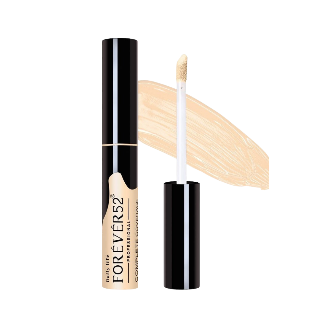FOR EVER52 Complete Coverage Concealer 10g black tube with beige label, doe-foot applicator, and swatch