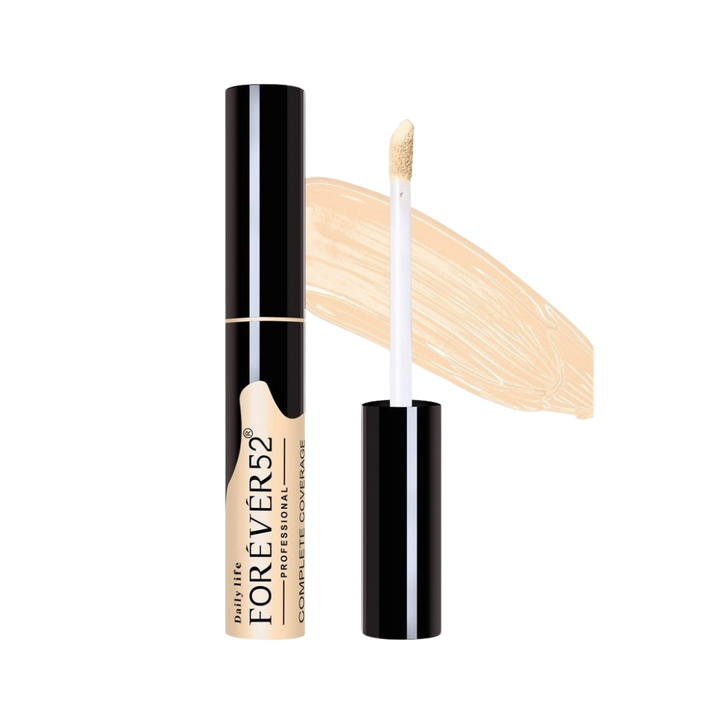 FOR EVER52 Complete Coverage Concealer 10g black tube with beige label, doe-foot applicator, and swatch