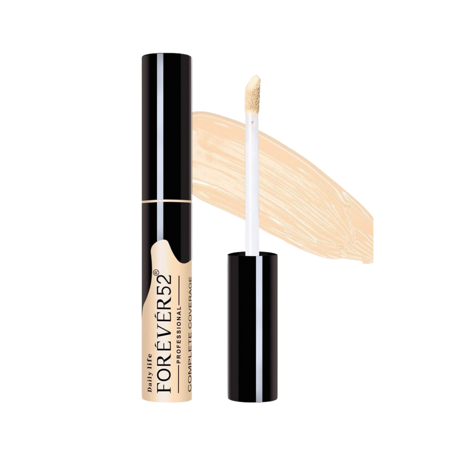 FOR EVER52 Complete Coverage Concealer 10g black tube with beige label, doe-foot applicator, and swatch