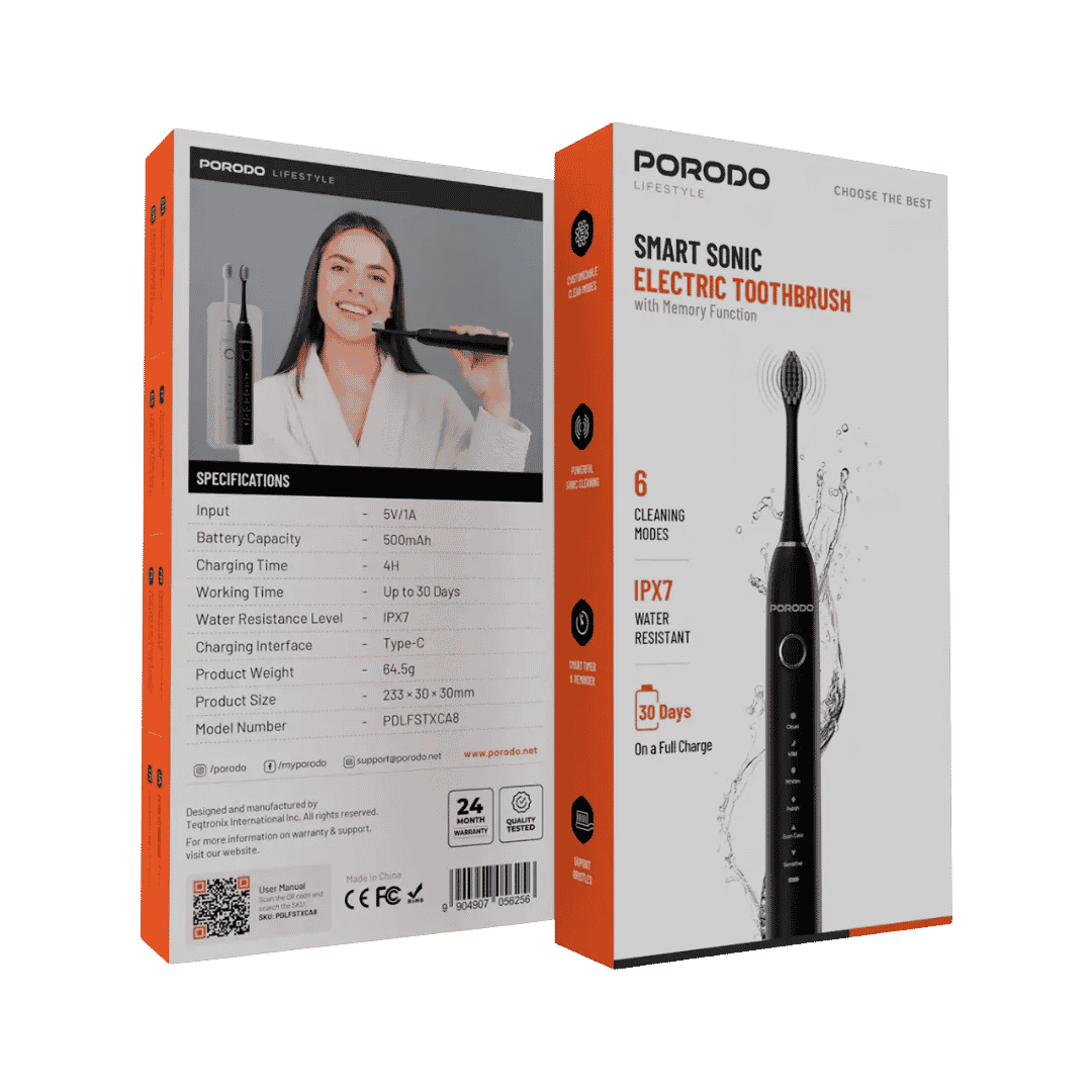 PORODO Lifestyle Smart Sonic Electric Toothbrush with Memory Function, 6 Cleaning Modes | بورودو فرشاة اسنان كهربائية مع 6 اوضاع تنظيف
