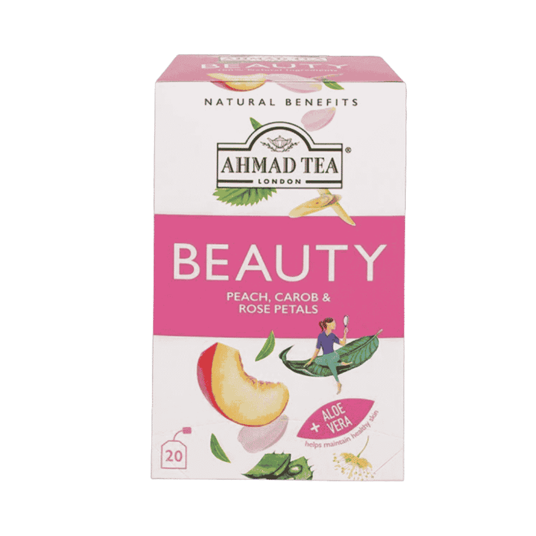 AHMAD TEA BEAUTY PEACH CAROB & ROSE PETALS +Aloe Vera 20 Pcs - 30g - 30g | شاي احمد شاي الجمال خوخ، خرنوب وبتلات الورد 20 ظرف - 30غ