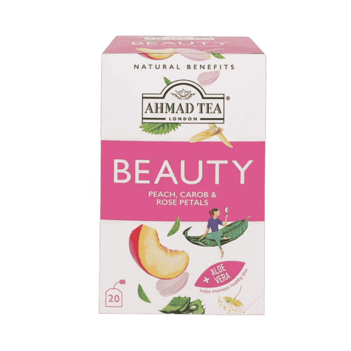 AHMAD TEA BEAUTY PEACH CAROB & ROSE PETALS +Aloe Vera 20 Pcs - 30g - 30g | شاي احمد شاي الجمال خوخ، خرنوب وبتلات الورد 20 ظرف - 30غ