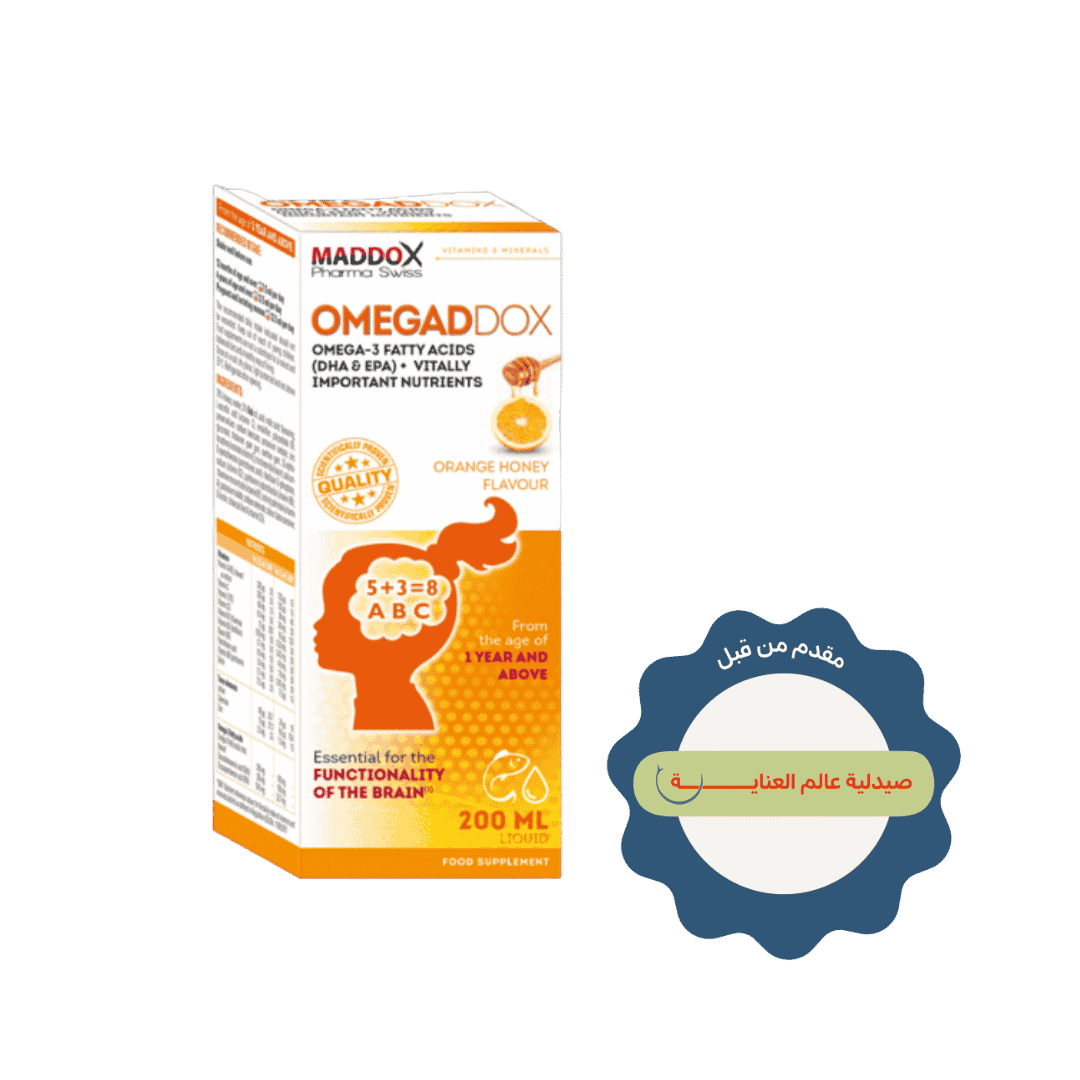 MADDOX Omegadox Omega 3 Orange Honey Flavour Liquid - 200ml | مادوكس أوميجادوكس شراب بنكهة العسل والبرتقال - 200مل