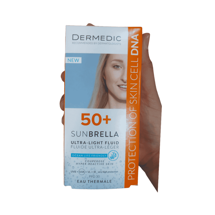 DERMEDIC Sunbrella Ultra-light fliud SPF 50+ couperose hyper-reactive skin - 40ml | ديرمديك كريم واقي شمسي بقوام سائل للبشرات الحساسة spf50+ - 40 مل