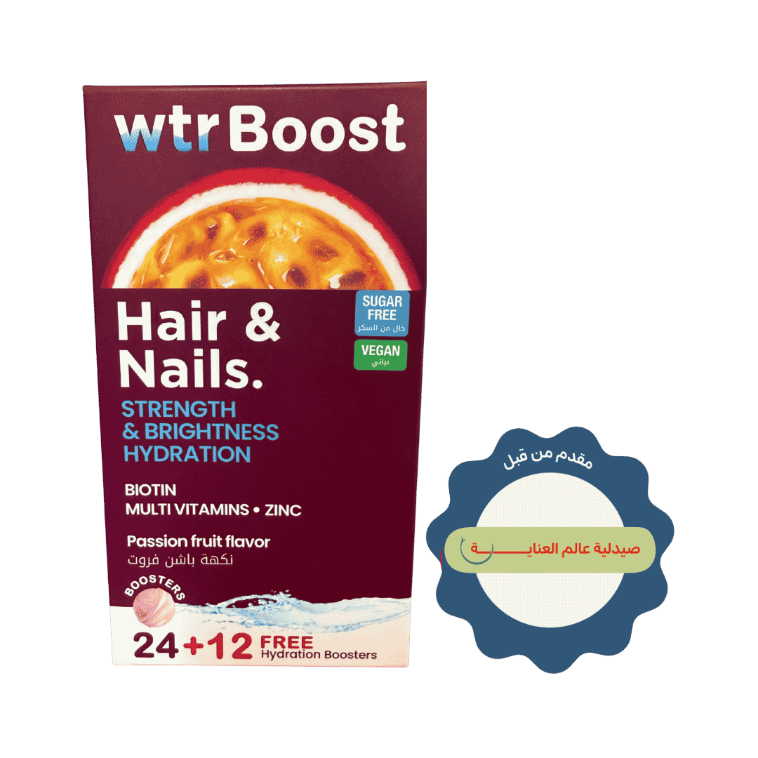 Wtr Boost Hair & Nails Strength Brightness Hydration Passion Fruit flavor 36 Tablets | دبليو تي آر بوست لتقوية الشعر والأظافر وتعزيز اللمعان والترطيب بنكهة الباشن فروت – 36 قرص