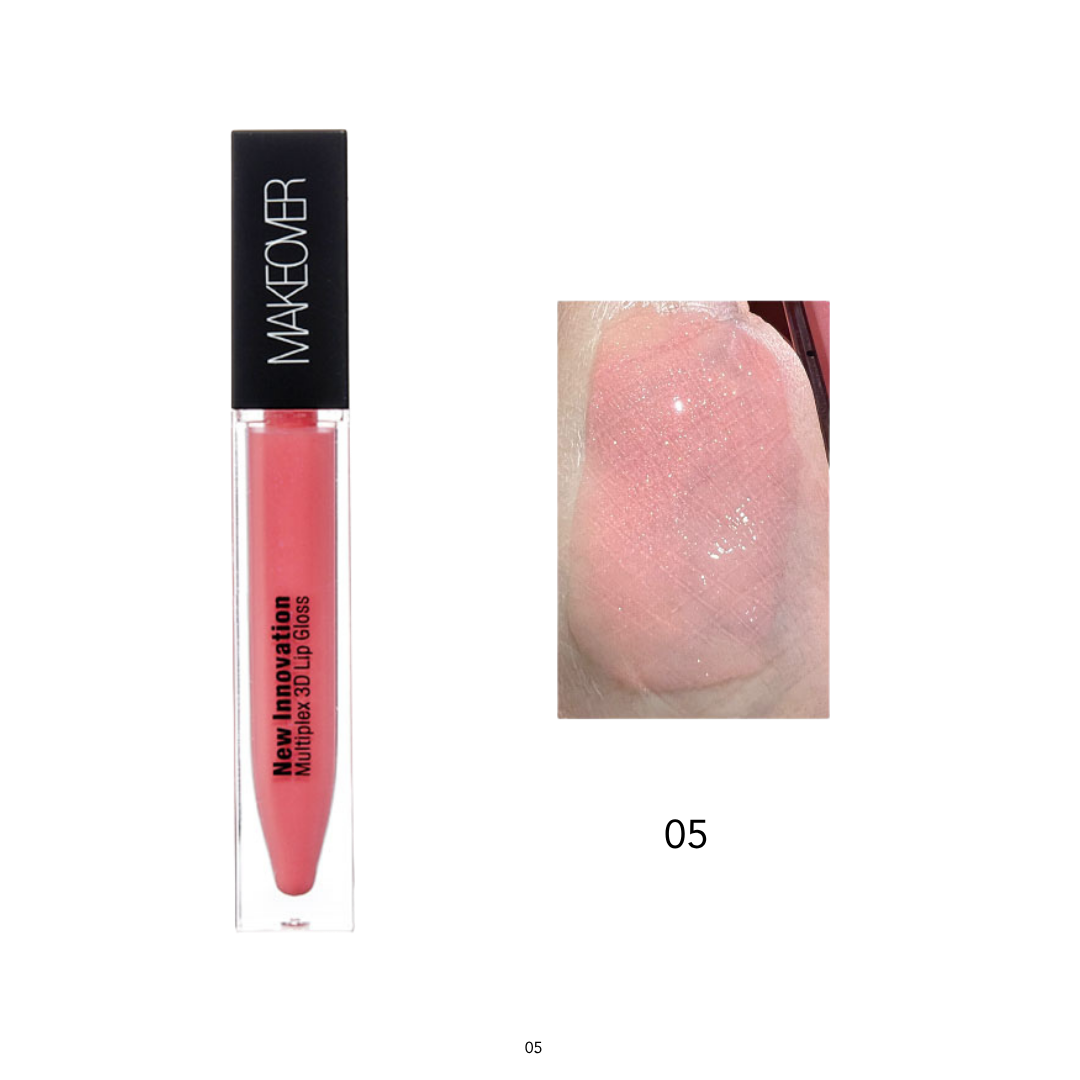 Makeover Multiplex 3D Lip 6ml clear tube with black cap, nude pink peach gloss and swatch