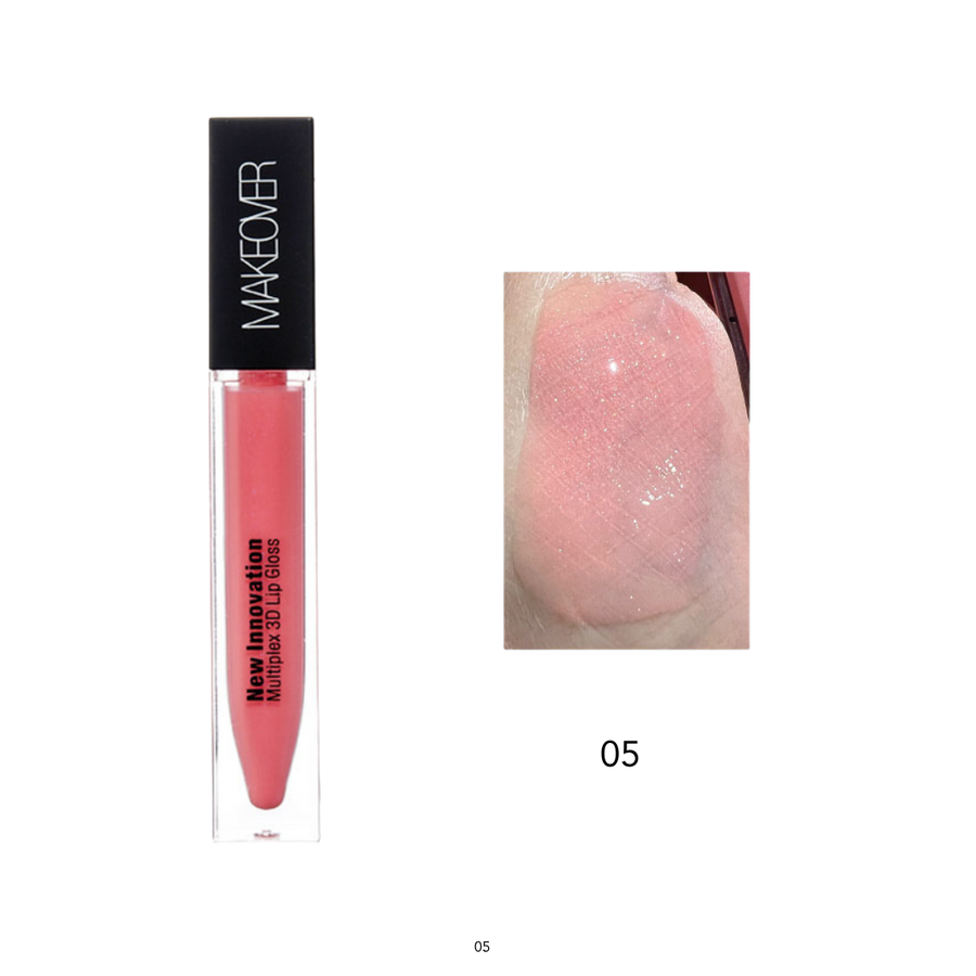 Makeover Multiplex 3D Lip 6ml clear tube with black cap, nude pink peach gloss and swatch