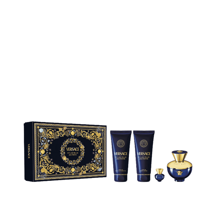VERSACE Dylan Blue Set (EDP 100ml + EDP 5ml + BL 100ml + SG 100ml )| فيرساتشي سيت ديلان بلو او ديو بارفان للنساء - 100 مل + 5 مل + 100 مل + 100 مل