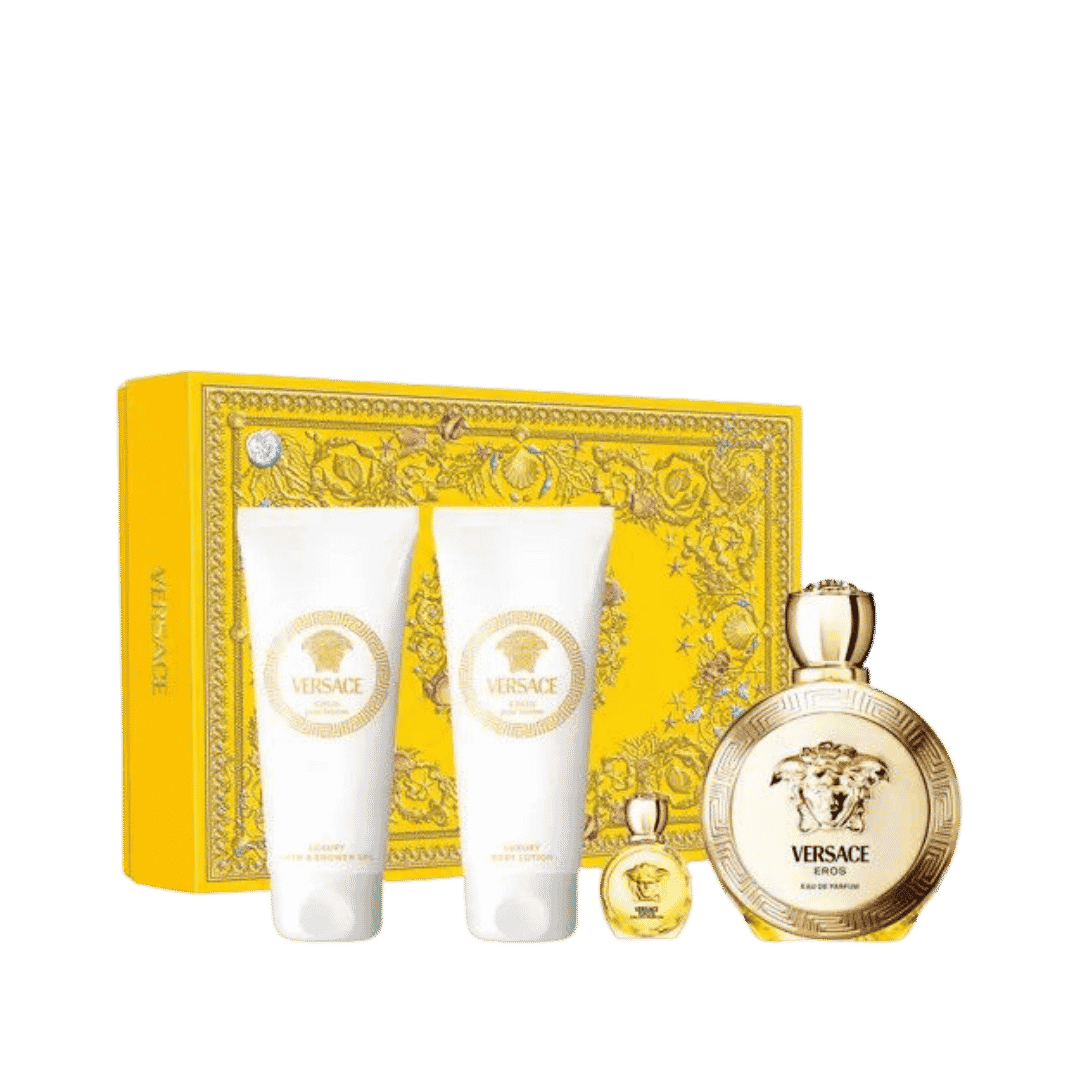 VERSAC Eros Pour Femme Set (EDP 100ml + EDP 5ml + BL 100ml + SG 100ml | فيرساتشي سيت عطر بور فيمي للنساء - 100 مل + 100 مل + 100 مل