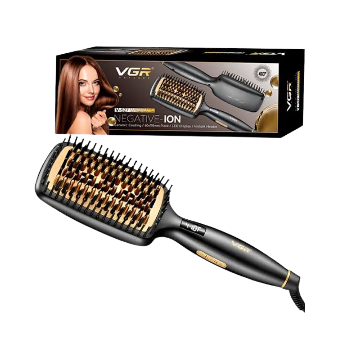 VGR Negative Ion Hair Straightener Comb black and gold heated brush with matching retail box