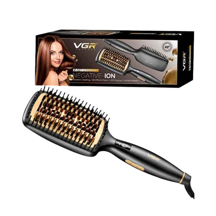 VGR Negative Ion Hair Straightener Comb black and gold heated brush with matching retail box