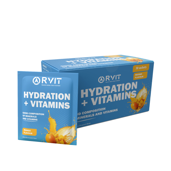 Rvit Hydration electrolytes + Vitamins Good Composition Of Minerals And Vitamins - 30 Sachets | ارفيت هيدريشن + فيتامينات تركيبة جيدة من المعادن والفيتامينات - 30 ظرف