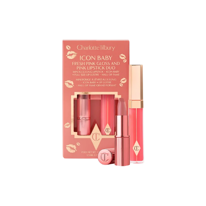 CHARLOTTE TILBURY Kissing Duo Set Icon Baby & Hall Of Fame Lip Lustre - 3.5ml | مجموعة شارلوت تيلبري كيسينغ ديو – أيكون بيبي & هول أوف فايم ليب لاستر – 3.5 مل