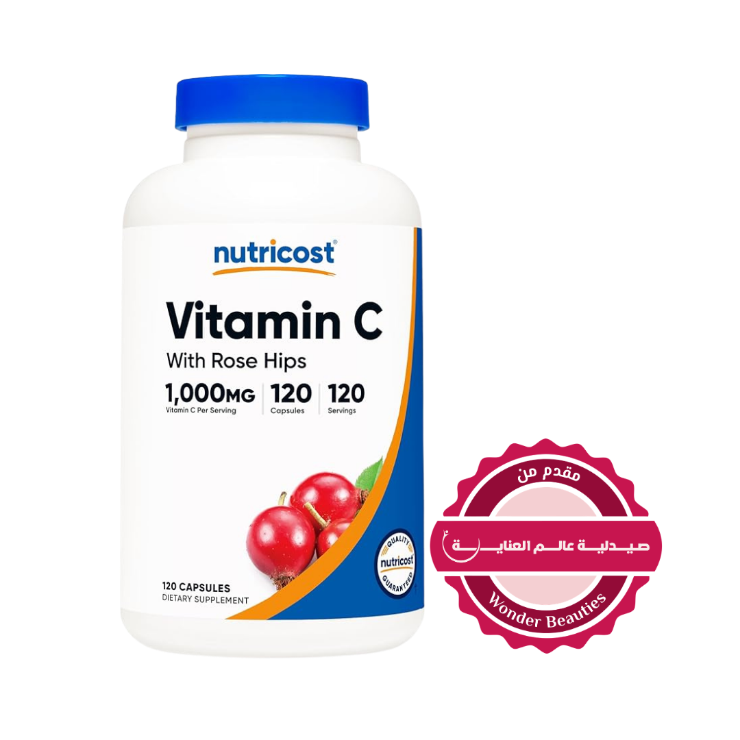 Nutricost Vitamin C with Rose Hips 1000mg, 120 Capsules | نيوتريكوست مكمل غذائي بفيتامين سي و مستخلص ثمار الورد 1025 مغ - 120 كبسولة