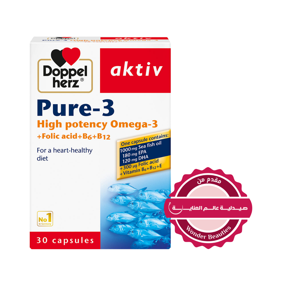 Doppel herz Aktiv Pure-3- 30 Capsules | دوبل هيرز أكتيف بيور-3 أوميغا-3 عالي القوة + حمض الفوليك + B6 + B12