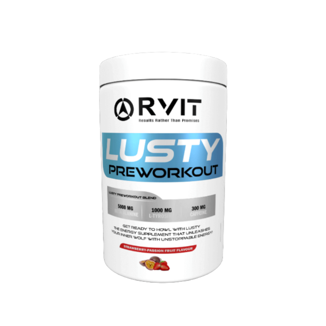 Rvit Lusty Preworkout Strawberry Passion Fruit Flavour - 420g  | ارفيت مكمل مسحوق مصمم للاستخدام قبل التمرين بنكهة الباشن فروت - 420 غرام