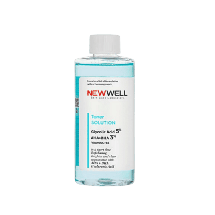 NEW WELL Toner Solution Glycolic Acid 5% AHA+Bha3% - 200ml | نيو ويل تونرالمقشر بحمض الجليكوليك AHA 5% وBHA 3% لتجديد البشرة وتنقية المسام - 200 مل