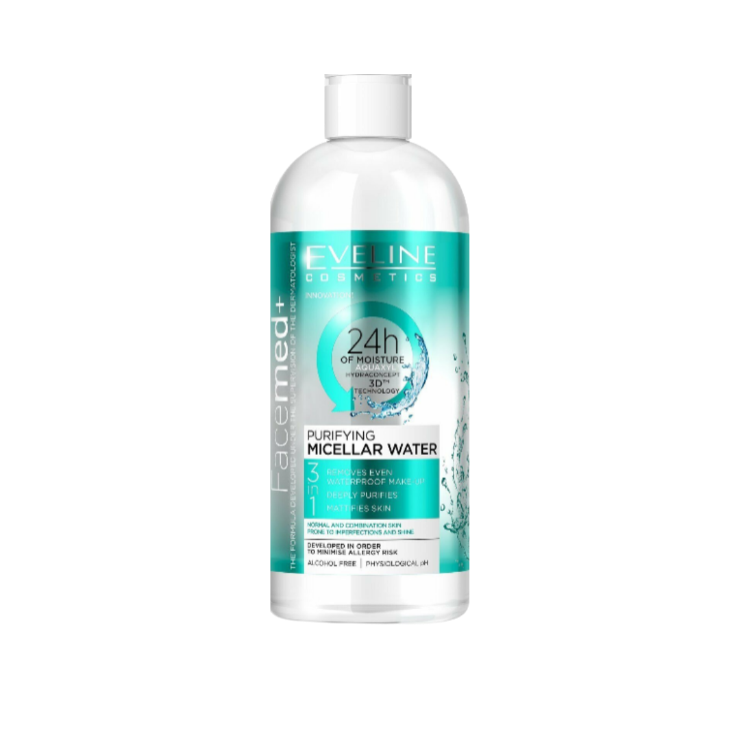 Eveline Facemed+ Purifying Micellar Water 3 in 1 Combination Oily Skin - 400ml |ايفيلين فيس ميد + ماء ميسيلار المنقي 3 في 1 للبشرة الدهنية المختلطة - 400 مل