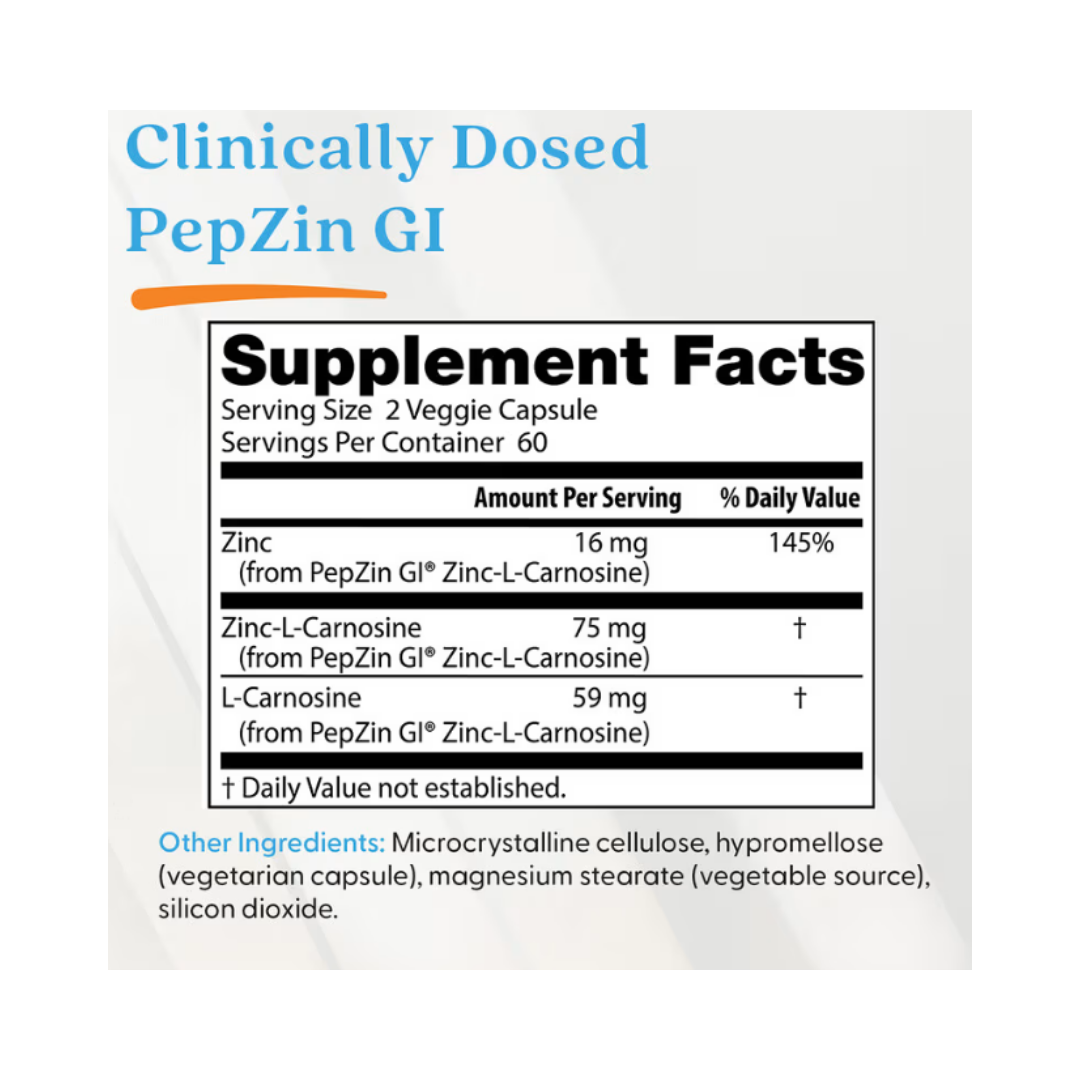 Doctors Best PepZin GI Zinc L-Carnosine Complex Vegan - 120 Veg Capsules | دكتورز بيست مكمل غذائي يحوي على الزنك لدعم صحة الجهاز الهضمي - 120 كبسولة