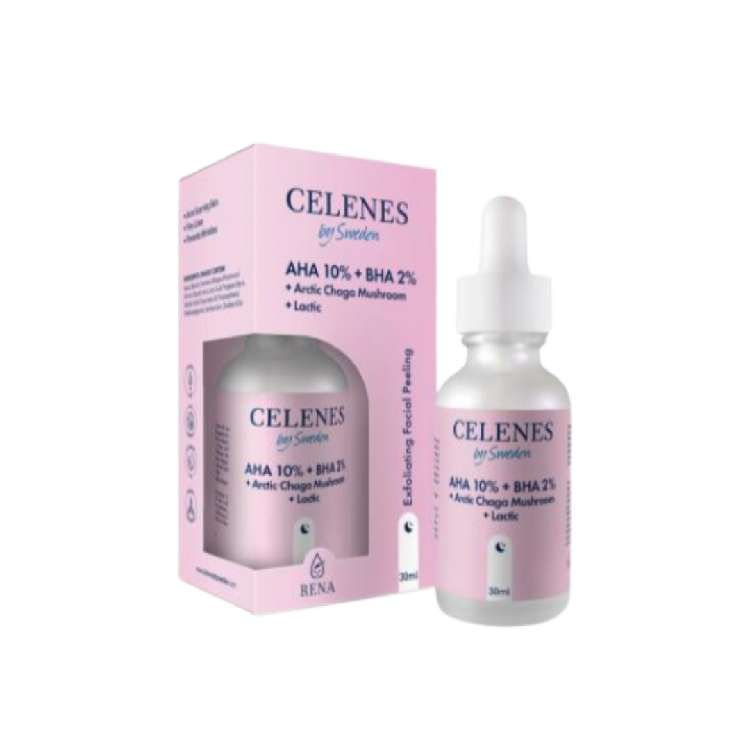 Celenes by Sweden  AHA 8% + BHA 2%+ Lactic +Arctic Chaga Mushroom - 30ml | AHA 8% + BHA 2%+ سيلينس سيروم لاكتيك + فطر تشاجا القطبي - 30 مل