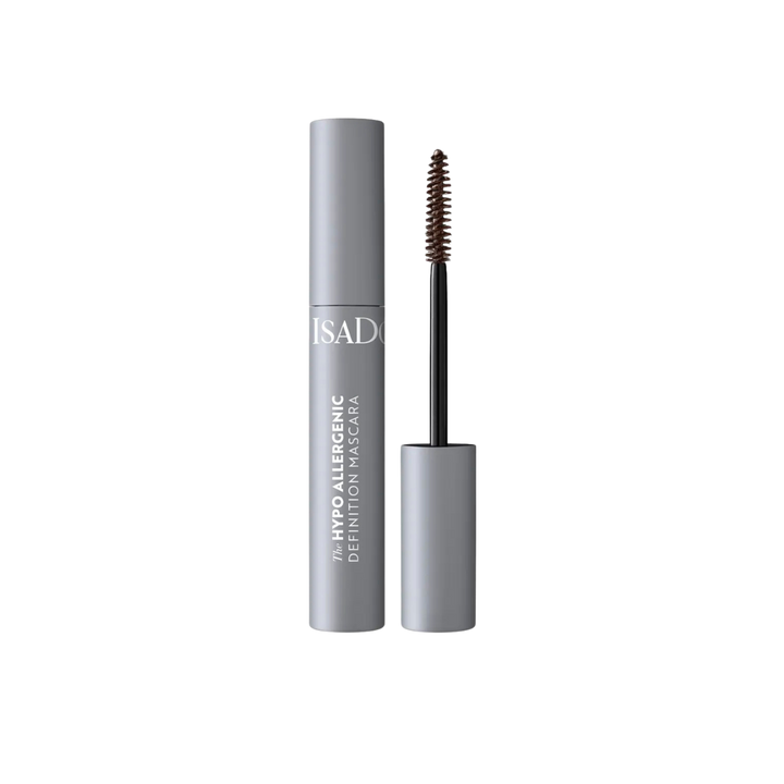 IsaDora Hypo Allergenic Definition Mascara, grey tube with wand, brown brush applicator for defined lashes