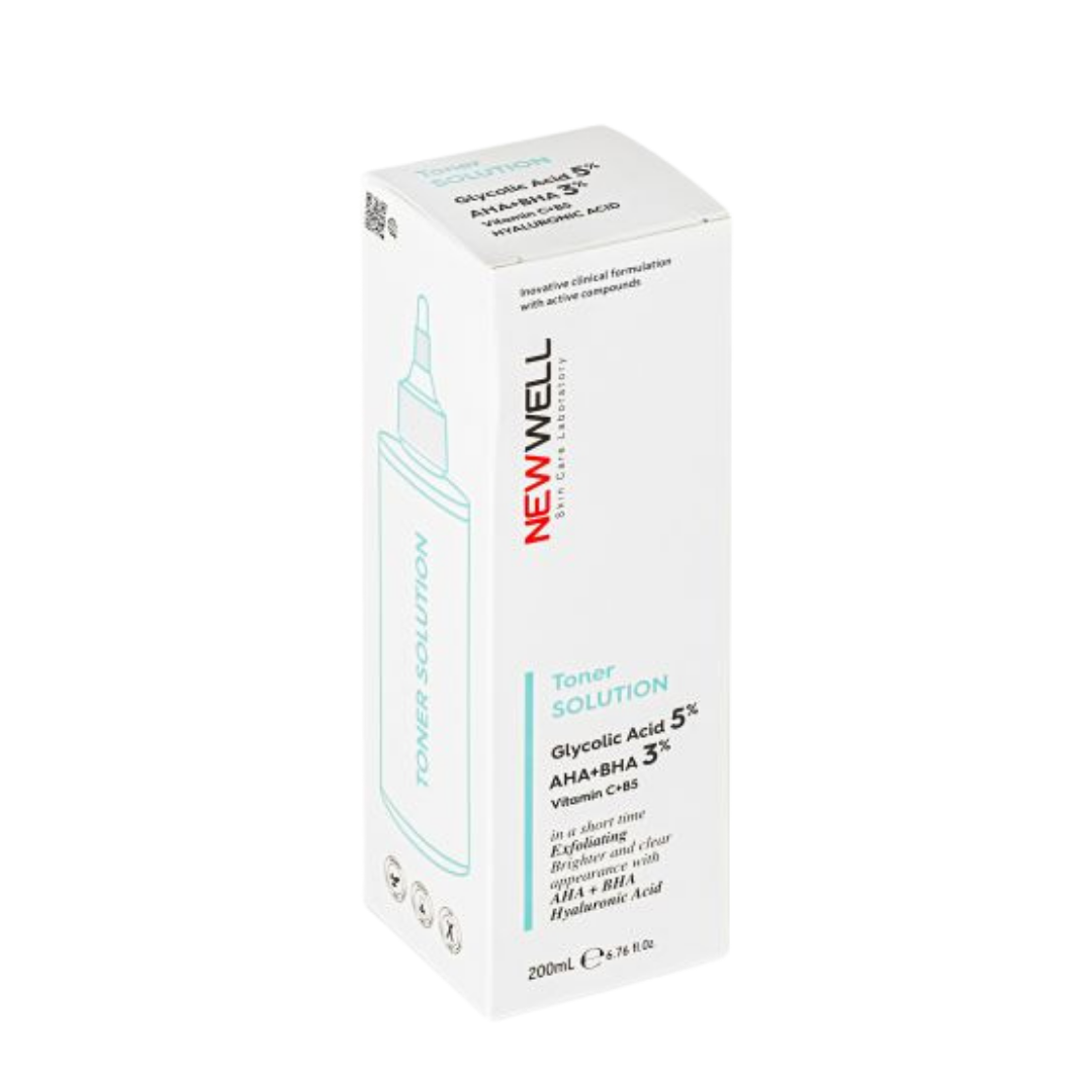 NEW WELL Toner Solution Glycolic Acid 5% AHA+Bha3% - 200ml | نيو ويل تونرالمقشر بحمض الجليكوليك AHA 5% وBHA 3% لتجديد البشرة وتنقية المسام - 200 مل