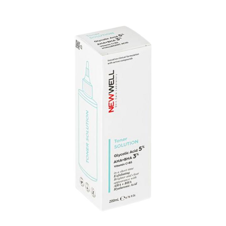NEW WELL Toner Solution Glycolic Acid 5% AHA+Bha3% - 200ml | نيو ويل تونرالمقشر بحمض الجليكوليك AHA 5% وBHA 3% لتجديد البشرة وتنقية المسام - 200 مل