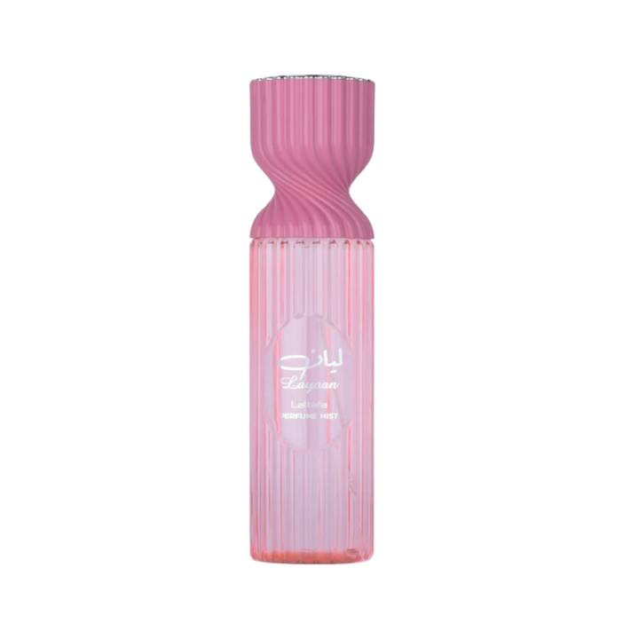 Lattafa Layaan Perfume Mist, in a pink, fluted bottle.