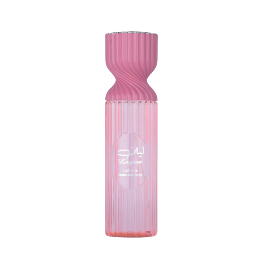 Lattafa Layaan Perfume Mist, in a pink, fluted bottle.