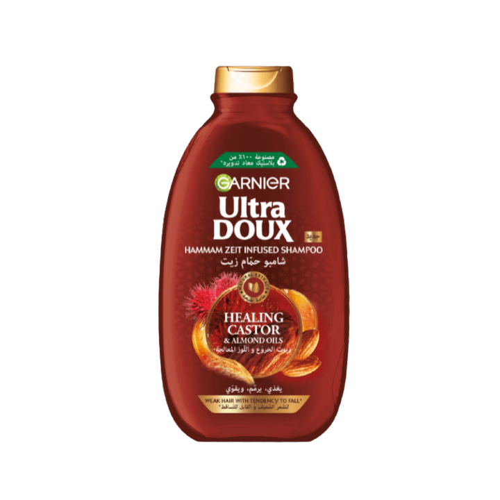 Garnier Ultra Doux Healing Castor & Almond Oil Shampoo - 400ml |  غارنييه الترا دو شامبو بزيت الخروع وزيت اللوز للشعر الضعيف والقابل للتساقط - 400 مل