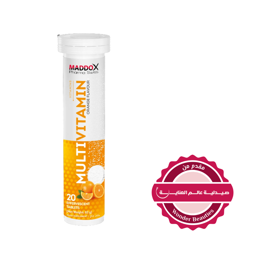 Maddox Pharma Swiss MultiVitamin Orange Flavour20 Effervescent Tablets | مادوكس فوار متعدد الفيتامينات بطعم البرتقال - 20 قرص فوار