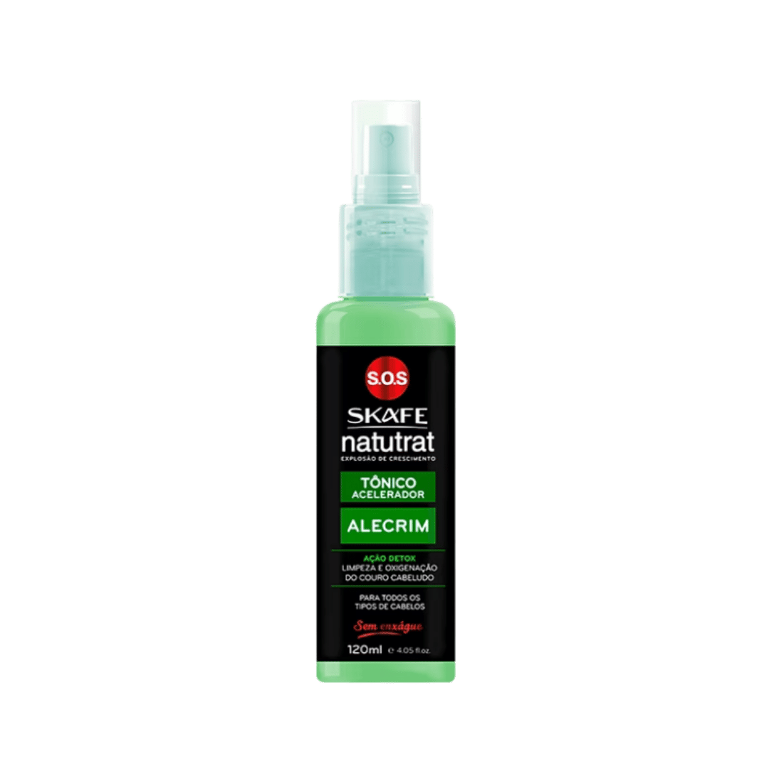 Skafe Natutrat S.O.S rosemary accelerating scalp tonic, 120ml, in green spray bottle with black label.