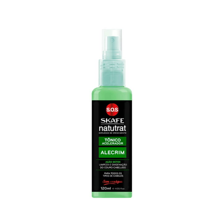 Skafe Natutrat S.O.S rosemary accelerating scalp tonic, 120ml, in green spray bottle with black label.
