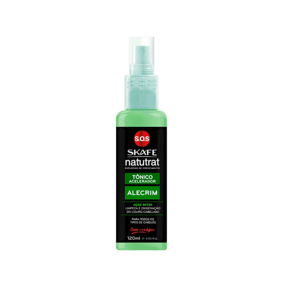 Skafe Natutrat S.O.S rosemary accelerating scalp tonic, 120ml, in green spray bottle with black label.