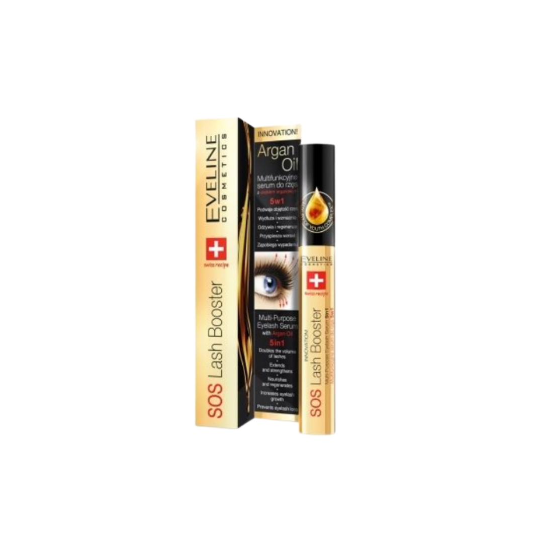 Eveline SOS Lash Booster Serum With Argan Oil 5in1 -10ml  |  ايفيلين سيروم معزز ومقوي للرموش بزيت الآرغان 5 في 1 من ايفليين 10 مل