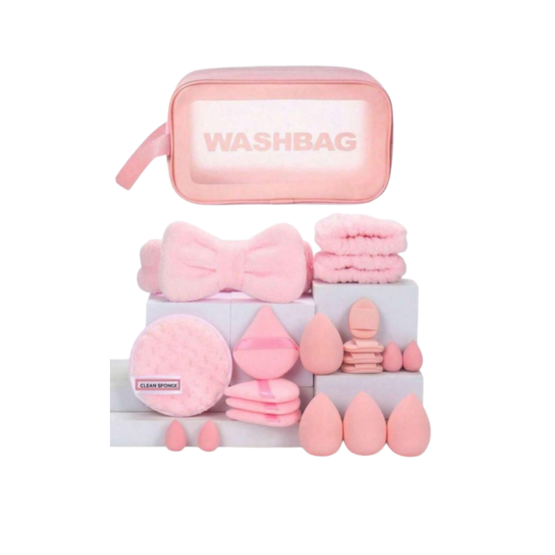 Tools & Cases 21-Piece Facial Care Set | مجموعة اسفنجات مكياج و اكسسوارات وردية