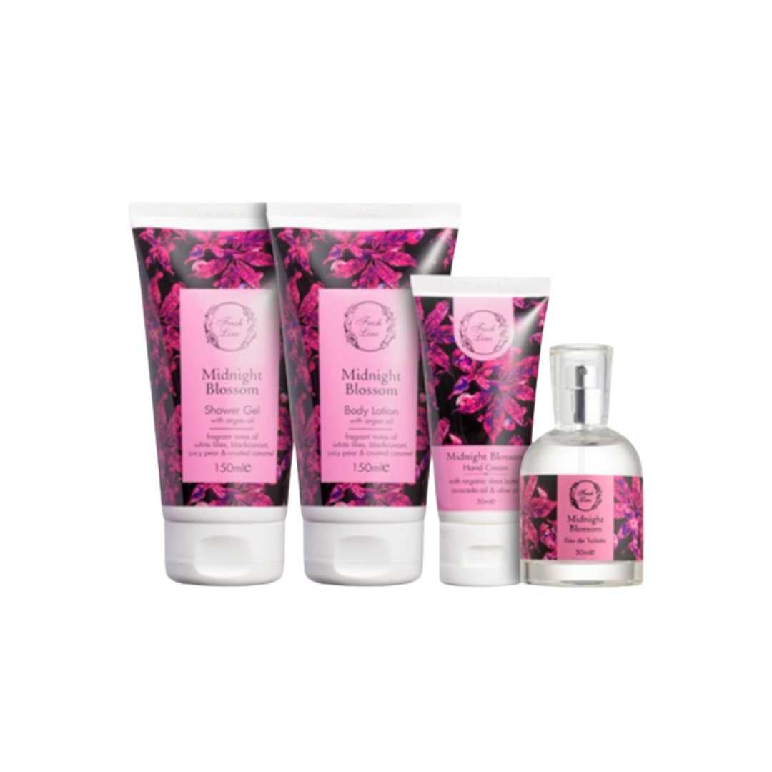 Fresh Line Midnight Blossom Set Shower Gel 150ml Body Lotion 150ml Hand Cream 50ml Eau De Toilette 50ml| فريش لاين مجموعة للعناية بالجسم