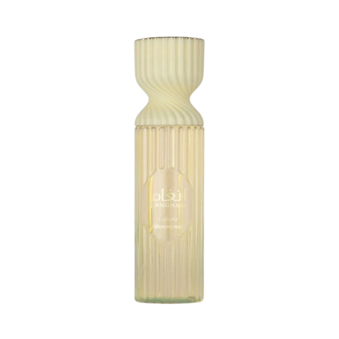 Angham Perfume Mist, yellow ribbed bottle, 100ml. Elegant design with brand logo visible.