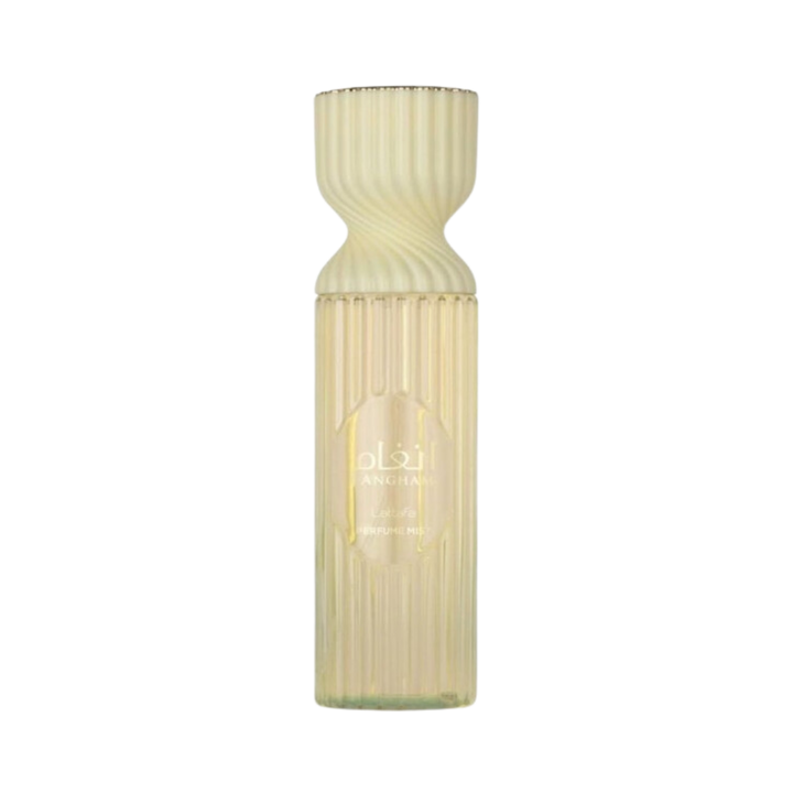 Angham Perfume Mist, yellow ribbed bottle, 100ml. Elegant design with brand logo visible.