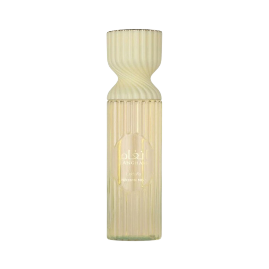 Angham Perfume Mist, yellow ribbed bottle, 100ml. Elegant design with brand logo visible.