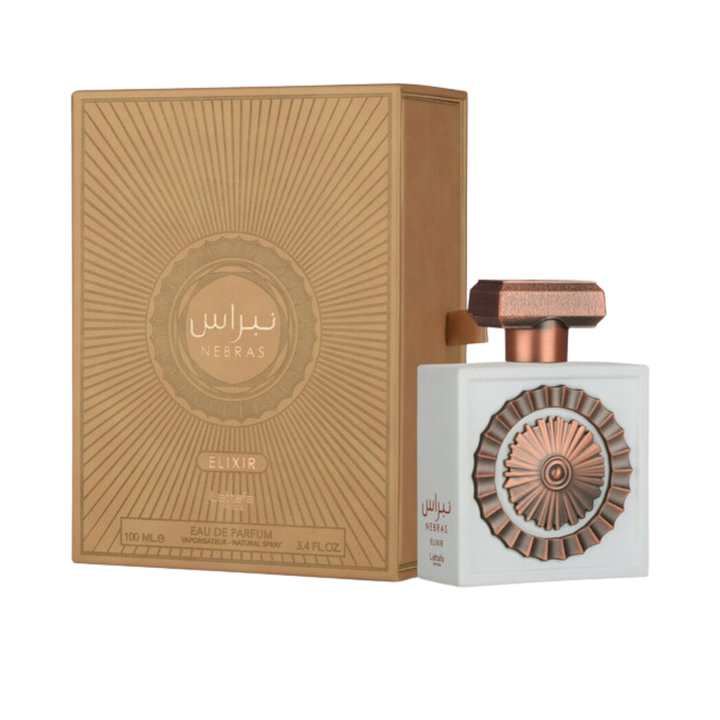 Nebras Elixir Eau de Parfum, 100ml, white bottle with copper cap, packaged in a golden box.