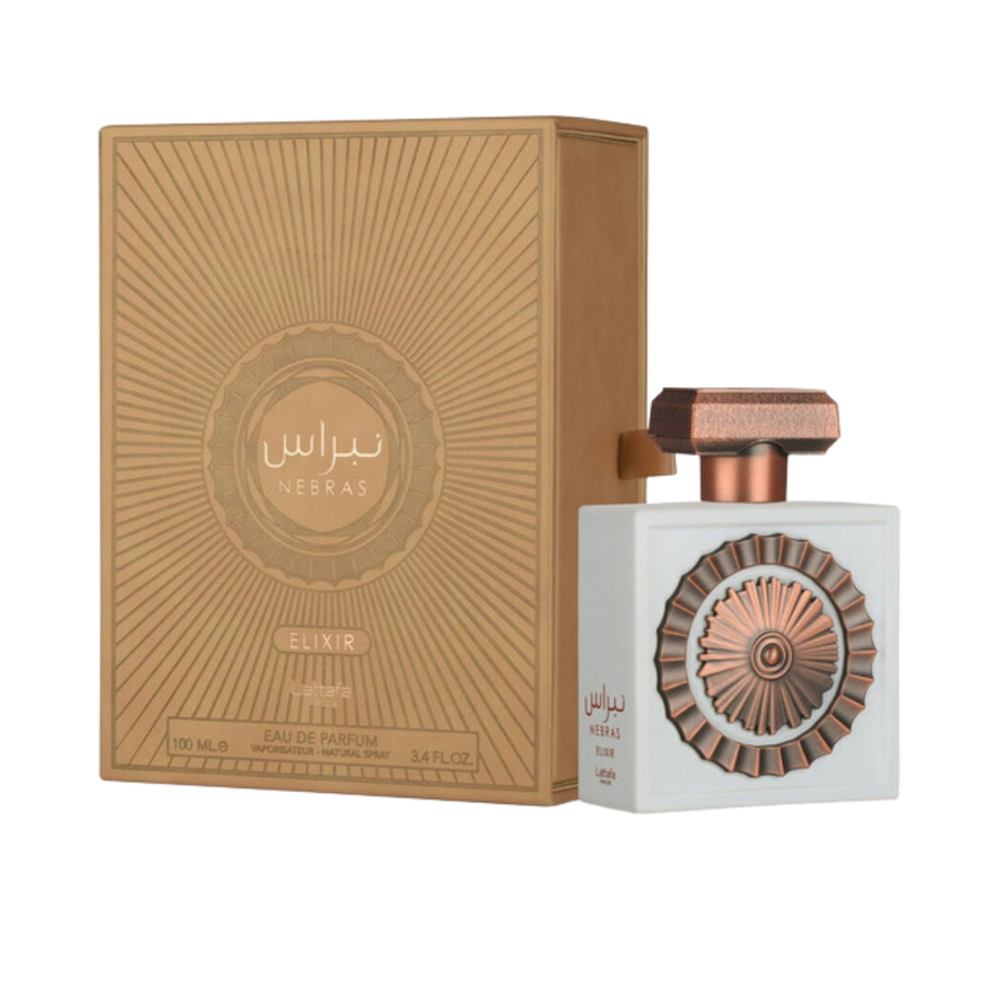 Nebras Elixir Eau de Parfum, 100ml, white bottle with copper cap, packaged in a golden box.