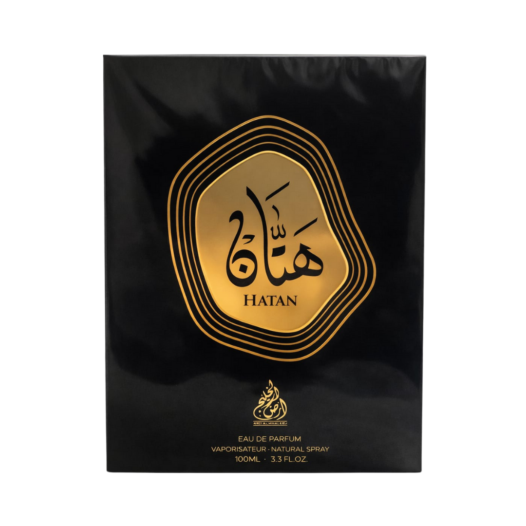 Hatan Ard Al Khaleej Eau de Parfum, 100ml, black packaging with gold details and elegant Arabic design.