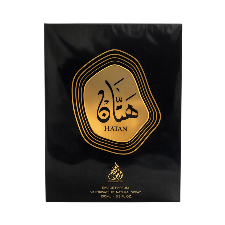 Hatan Ard Al Khaleej Eau de Parfum, 100ml, black packaging with gold details and elegant Arabic design.