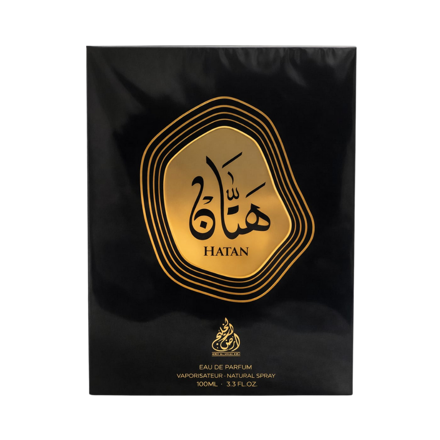 Hatan Ard Al Khaleej Eau de Parfum, 100ml, black packaging with gold details and elegant Arabic design.