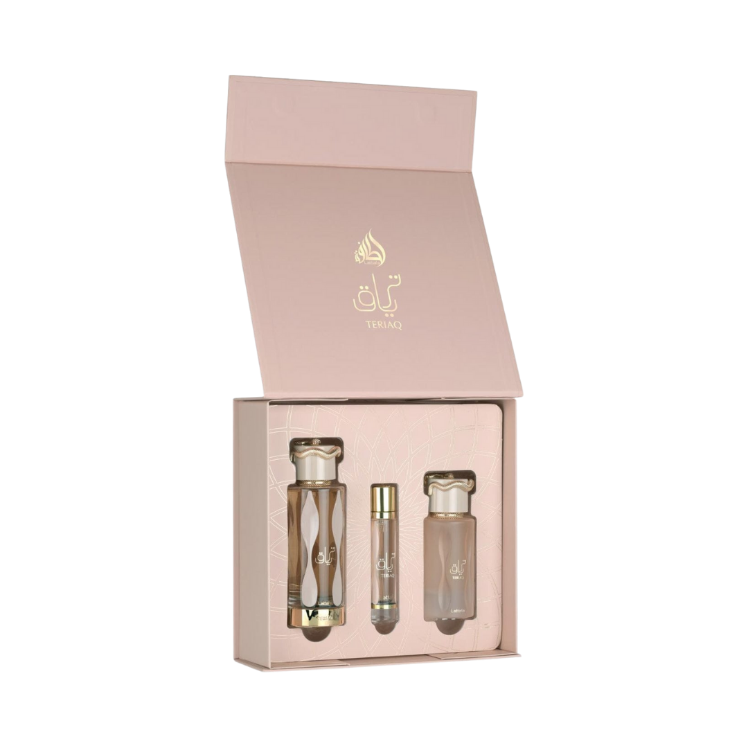 Teriaq Gift Set, three perfume bottles in elegant packaging, including 100ml, 30ml, and 10ml sizes, with luxurious golden details.