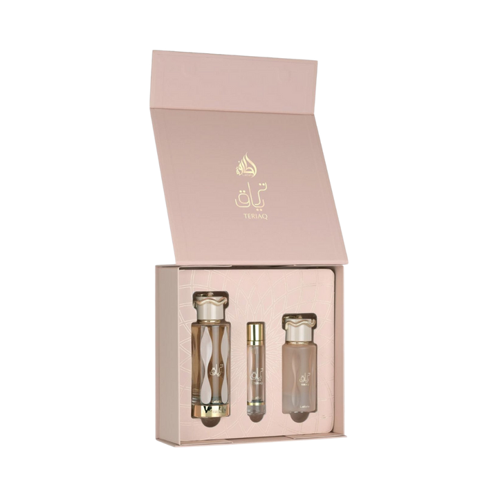 Teriaq Gift Set, three perfume bottles in elegant packaging, including 100ml, 30ml, and 10ml sizes, with luxurious golden details.