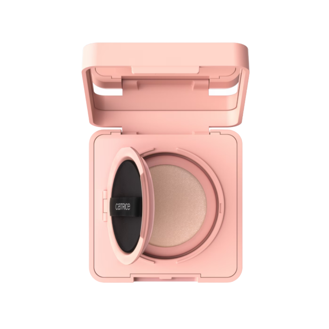 Pink rectangular makeup compact case with open lid, mirror, and circular powder compartment interior.